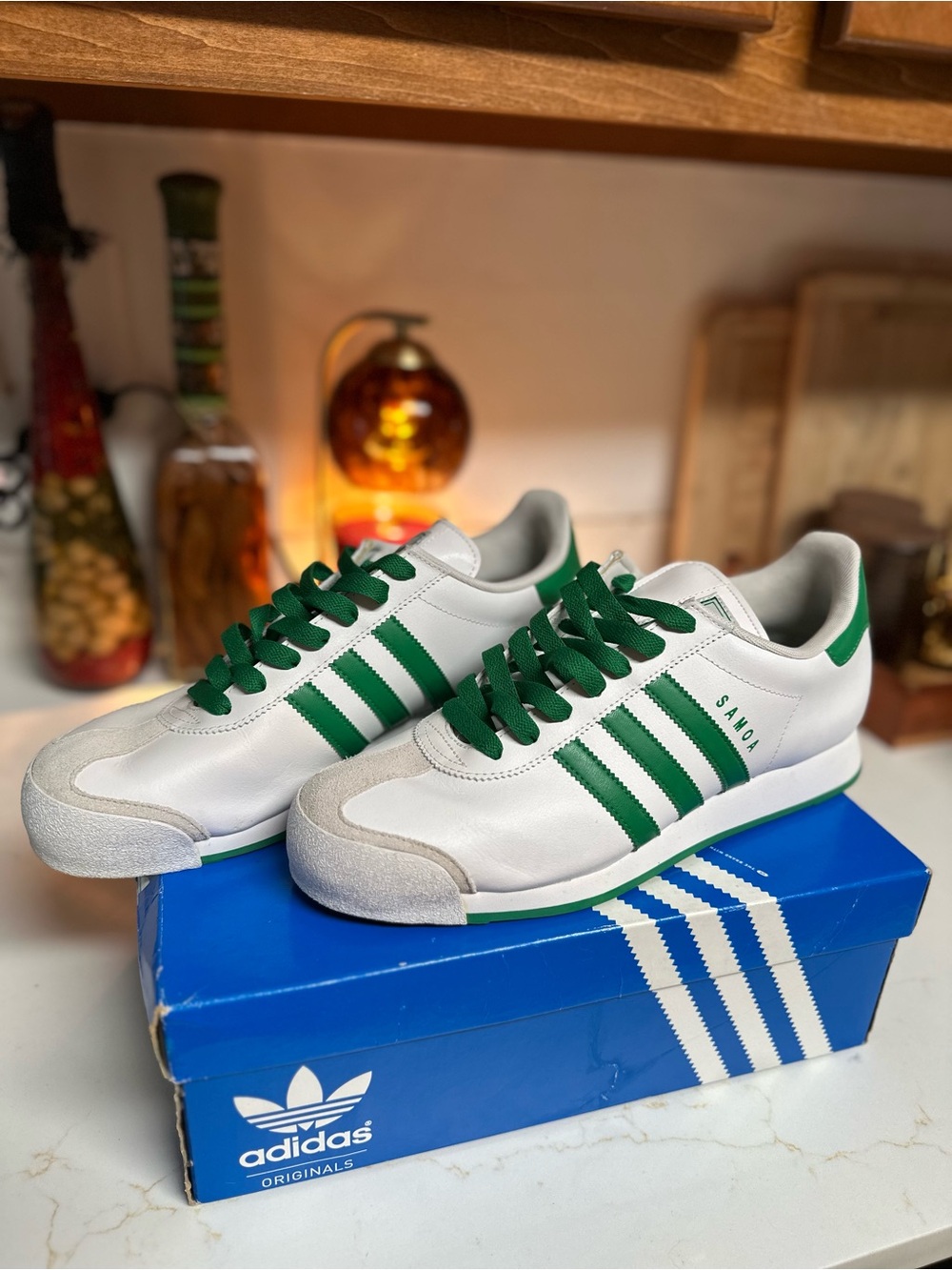 adidas White & Green Samoa Leather Sneakers